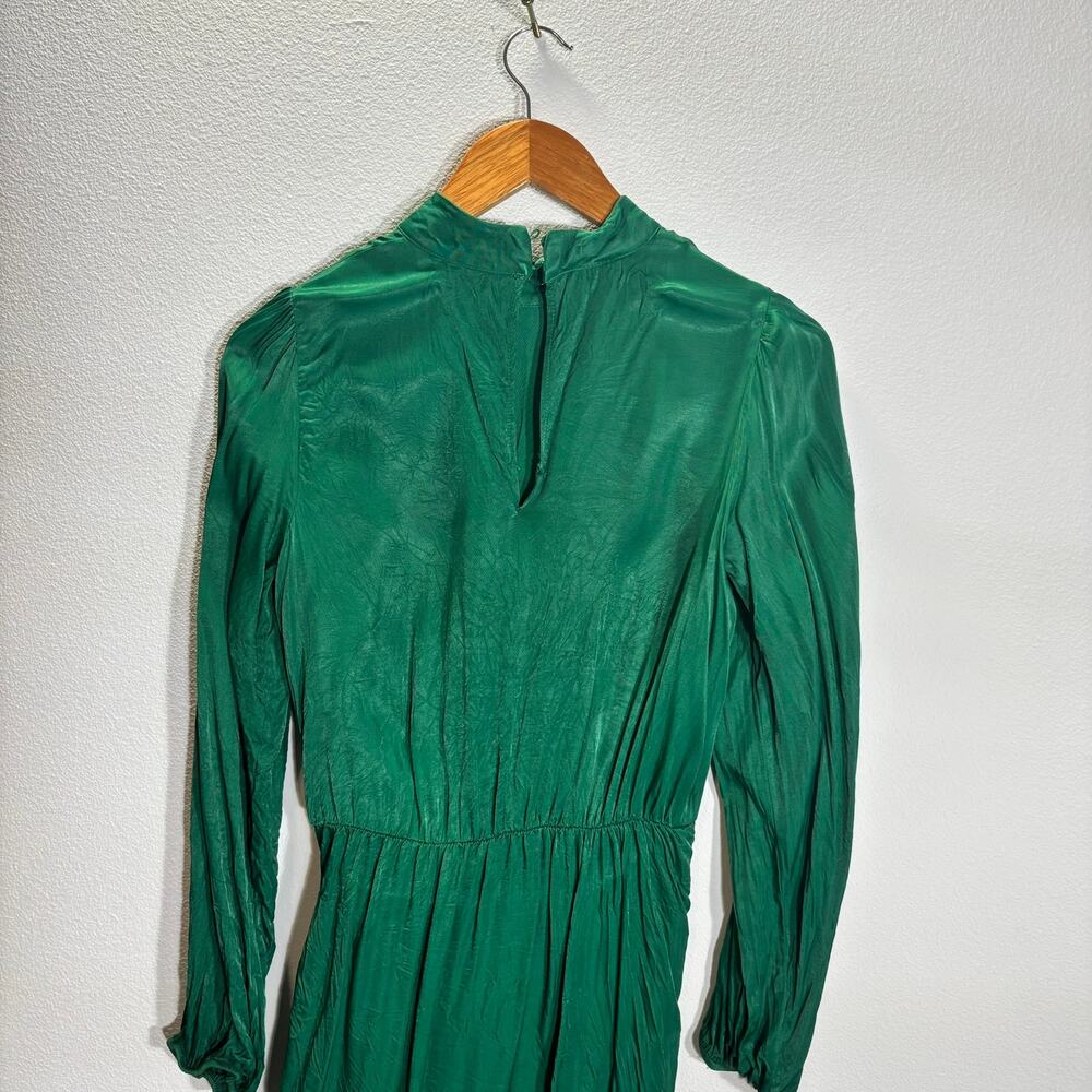 Zara Green Long Sleeve Midi Dress Tie Waist Pleated Mock Neck Size S - Picture 3 of 8